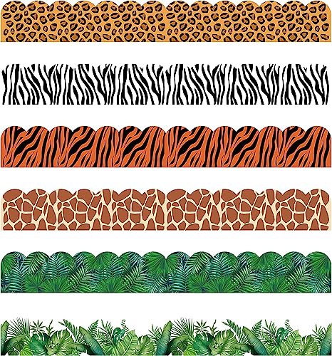 BeYumi 80Stück Tierdruck Bulletin Board Bordüren Afrika Safari Leopard Zebra Tiger Giraffe tropische Blätter Grün gewellte Bordüren Trim Bulletin Dekoration für Schulanfang Klassenzimmer Kinderzimmer von BeYumi