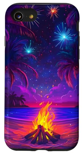 Tropisches Nachtfeuerwerk Beach Palm Hülle für iPhone SE (2020) / 7 / 8 von Beach Designs by Dennex