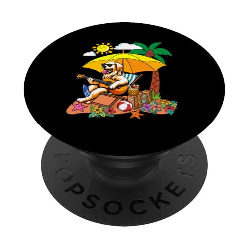 Golden Retriever Playing Guitar On Beach Hawaiian Relaxing PopSockets Klebender PopGrip von Beach Lover Vacations Costume