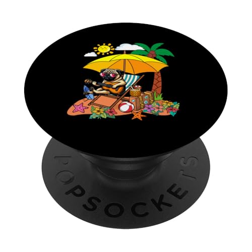Pug Playing Guitar On Beach Hawaiian Costume Relaxing Lover PopSockets Klebender PopGrip von Beach Lover Vacations Costume