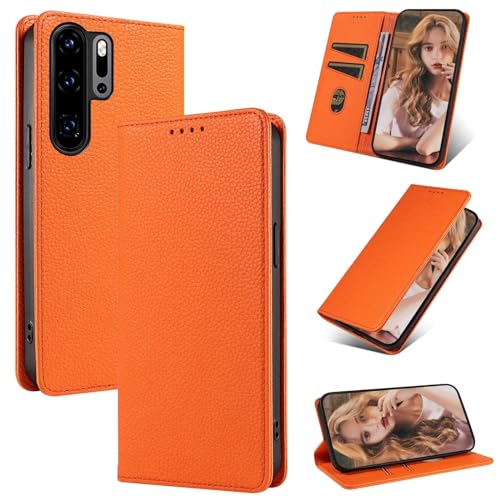 Beajew Handyhülle für Huawei P30 Pro Hülle, Premium Leder Klapphülle [RFID Kartenschlitzen][Magnetverschluss][Standfunktion] kompatibel mit Huawei P30 Pro, Orange von Beajew