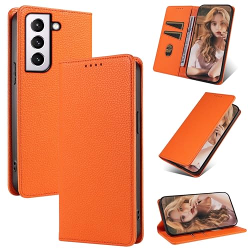 Beajew Handyhülle für Samsung Galaxy S21 FE Hülle, Premium Leder Klapphülle [RFID Kartenschlitzen][Magnetverschluss][Standfunktion] kompatibel mit Samsung Galaxy S21 FE, Orange von Beajew