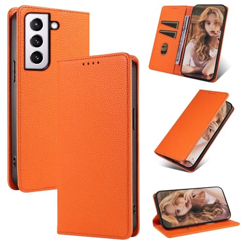 Beajew 2024 Upgraded Handyhülle für Samsung Galaxy S21 FE, Lederhülle mit Kartenfach,Premium Qualität Leder Handyhülle, [Klappständer][Geld und Kartenhalter Hüllen] -Orange von Beajew