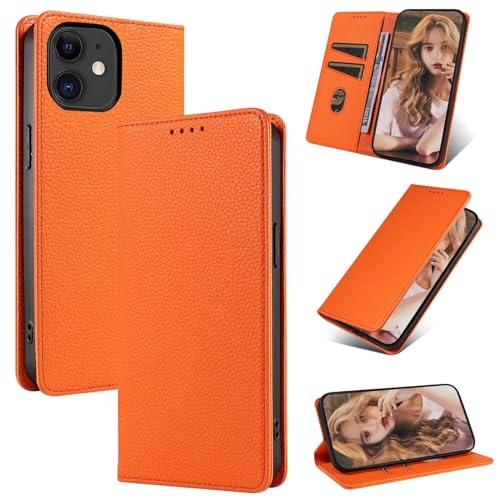 Beajew 2024 Upgraded Handyhülle für iPhone 11, Lederhülle mit Kartenfach,Premium Qualität Leder Handyhülle, [Klappständer][Geld und Kartenhalter Hüllen] -Orange von Beajew