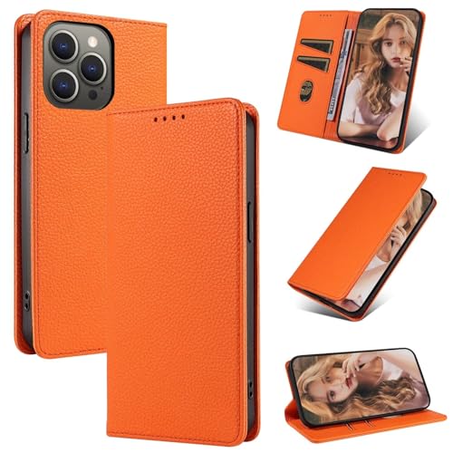 Beajew 2024 Upgraded Handyhülle für iPhone 12/12 Pro, Lederhülle mit Kartenfach,Premium Qualität Leder Handyhülle, [Klappständer][Geld und Kartenhalter Hüllen] -Orange von Beajew