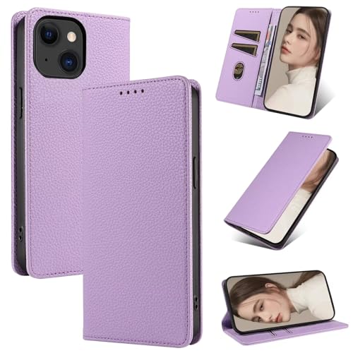 Beajew Handyhülle für iPhone 14 Hülle, Premium Leder Klapphülle [RFID Kartenschlitzen][Magnetverschluss][Standfunktion] kompatibel mit iPhone 14, Lila von Beajew