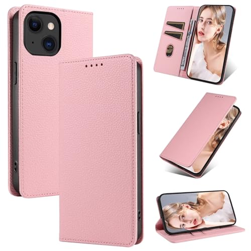 Beajew Handyhülle für iPhone 14 Hülle, Premium Leder Klapphülle [RFID Kartenschlitzen][Magnetverschluss][Standfunktion] kompatibel mit iPhone 14, Rosa von Beajew