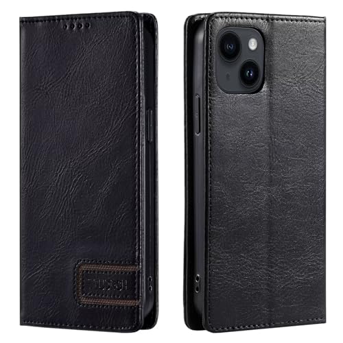 Beajew 2024 Upgraded Hülle für iPhone 15, [2 Stück Schutzfolie] Flip Case Leder Stoßfeste Schutzhülle Bookcase für iPhone 15,Schwarz von Beajew