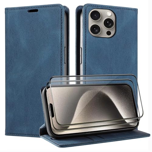 Beajew Handyhülle für Google Pixel 10 Pro XL Hülle [Mit 2 Stück Panzer Schutz Glas] Premium Leder Stoßfest Schutzhülle Kartenfach Klapphülle kompatibel mit Google Pixel 10 Pro XL, Blau von Beajew