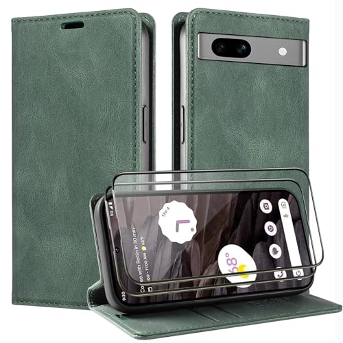 Beajew Handyhülle für Google Pixel 7 Hülle [Mit 2 Stück Panzer Schutz Glas] [Premium PU Leder] [Kartenfach] [Ständer] Klapphülle kompatibel mit Google Pixel 7, Grün von Beajew