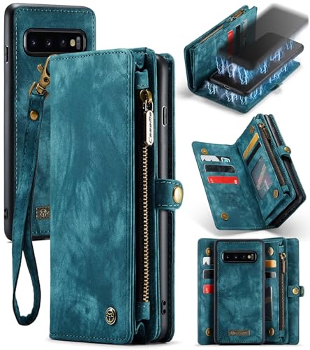 Beajew Handyhülle für Samsung Galaxy S10, Brieftaschen 2-in-1 Retro Reißverschluss Hülle Premium PU Leder Klapphülle Magnetverschluss Standfunktion Geldbörse Schutzhülle - Blau von Beajew