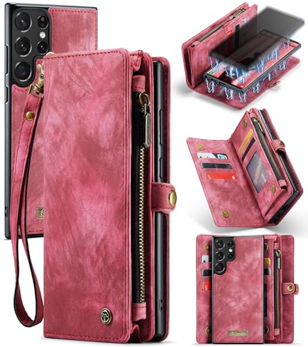 Beajew Handyhülle für Samsung Galaxy S23 Ultra, Brieftaschen 2-in-1 Retro Reißverschluss Hülle Premium PU Leder Klapphülle Magnetverschluss Standfunktion Geldbörse Schutzhülle - Rot von Beajew