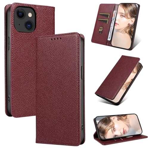 Beajew Handyhülle für iPhone 13 Mini Hülle, Premium Leder Klapphülle [RFID Kartenschlitzen][Magnetverschluss][Standfunktion] kompatibel mit iPhone 13 Mini, Rot von Beajew
