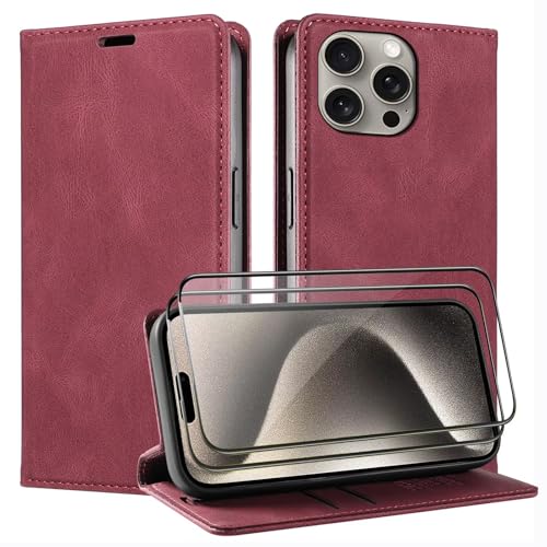 Beajew Handyhülle für iPhone 16 Hülle [Mit 2 Stück Panzer Schutz Glas] Premium Leder Stoßfest Schutzhülle Kartenfach Klapphülle kompatibel mit iPhone 16, Weinrot von Beajew