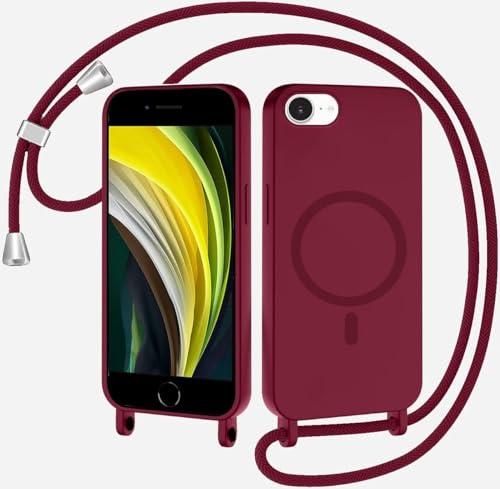 Beajew Handykette Handyhülle für iPhone 12 Pro Max Hülle mit Band [Kompatibel mit Magsafe] Flüssig Silikon Necklace Magnetische Schutzhülle zum Umhängen Kordel für iPhone 12 Pro Max, Rot von Beajew