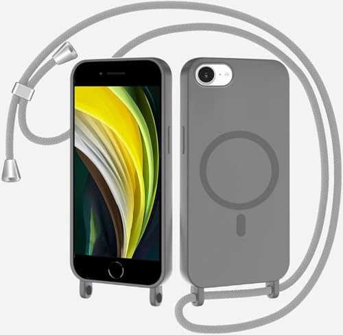 Beajew Handykette Handyhülle für iPhone 6/7/8/iPhone SE 2020/SE 2022 Hülle mit Band [Kompatibel mit Magsafe] Silikon Necklace Magnetische Schutzhülle zum Umhängen Kordel für iPhone 6/7/8, Grau von Beajew
