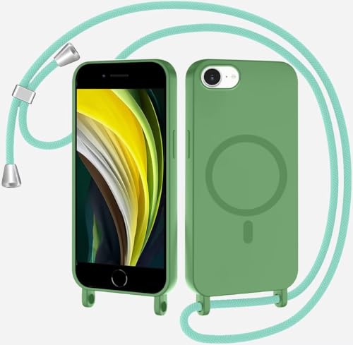 Beajew Handykette Handyhülle für iPhone 6/7/8/iPhone SE 2020/SE 2022 Hülle mit Band [Kompatibel mit Magsafe] Silikon Necklace Magnetische Schutzhülle zum Umhängen Kordel für iPhone 6/7/8, Matcha grün von Beajew