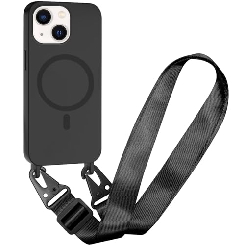 Beajew Handykette für iPhone 13 Mini Hülle mit Band [Kompatibel mit Magsafe] Flüssig Silikon Necklace Handyhülle Magnetische Schutzhülle zum Umhängen Kordel für iPhone 13 Mini, Schwarz von Beajew