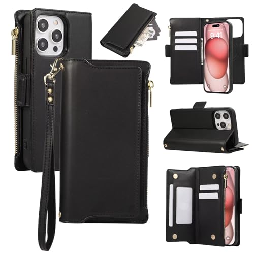 Beajew Hülle Kompatibel mit iPhone 13 Pro [Abnehmbar] 2-IN-1 Magnetische Schutzhülle,Vintage Reißverschluss Handyhülle mit 6 Kartenfächer,Standfunktion-Schwarz von Beajew
