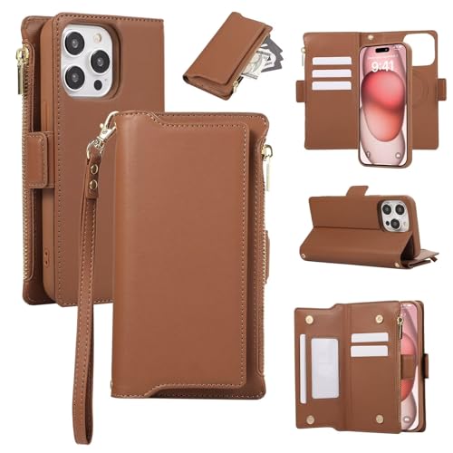 Beajew Hülle Kompatibel mit iPhone 14 Pro Max [Abnehmbar] 2-IN-1 Magnetische Schutzhülle,Vintage Reißverschluss Handyhülle mit 6 Kartenfächer,Standfunktion-Braun von Beajew