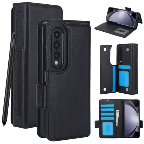Beajew Hülle für Samsung Galaxy Z Fold4, Leder und PC, mit Stiftschlitz, Kartenschlitz, Anti-Drop, Rundumschutz Handyhülle,[Premium PU Leder] [Standfunktion] Flip Case Cover, Schwarz von Beajew