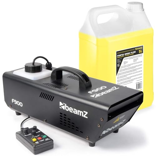 BeamZ F900 Hazer Nebelmaschine Set inkl. 5 Liter Nebelfluid, 900 W mit Fernbedienung, Dunstnebelmaschine, 900 ML Tankinhalt, Timerfunktion, Fog Machine, konstante Nebelerzeugung, Theater, DJ, Party von Beamz