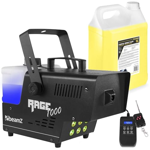 BeamZ RAGE1000 LED Nebelmaschine mit Flüssigkeit Set, 1000 Watt Fogger inkl. 5 Liter Nebelfluid, DMX Rauchmaschine mit Lichteffekt, Fog Machine, Funkfernbedienung, 2 Liter Tank, Timer, Partynebel von Beamz