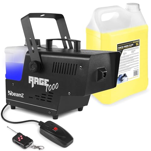 BeamZ RAGE1000 Nebelmaschine mit Flüssigkeit, 1000 Watt, Fogger, Rauchmaschine inkl. 5 Liter Nebelfluid, Fog Machine, Funkfernbedienung, 2L Tank, Disco Partynebel für DJs auf Veranstaltungen von Beamz