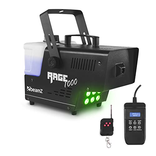 BeamZ RAGE1000LED Nebelmaschine mit Lichteffekt, DMX Rauchmaschine mit LED, Timer, 1000 Watt, Fog Machine mit Funkfernbedienung, 2 Liter Tank, Disco Partynebel für DJs auf Veranstaltungen von Beamz