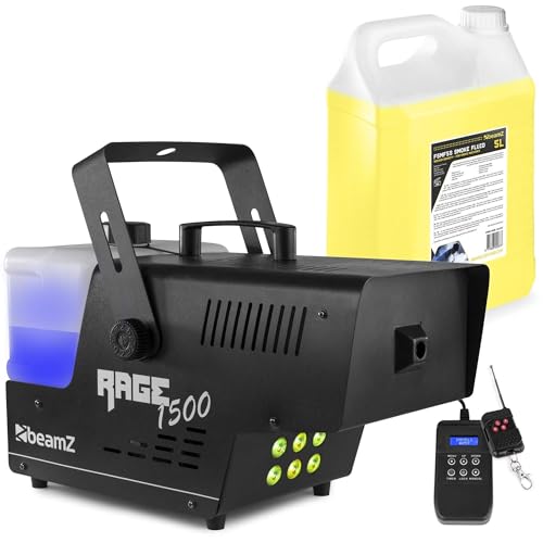 BeamZ RAGE1500LED Party Nebelmaschine mit Lichteffekt, 1500 Watt, RGBW LEDs, inklusive 5 Liter Nebelflüssigkeit, Fog Machine mit Funkfernbedienung, Timer DMX, Disco Partynebel, Hochzeiten, Events von Beamz