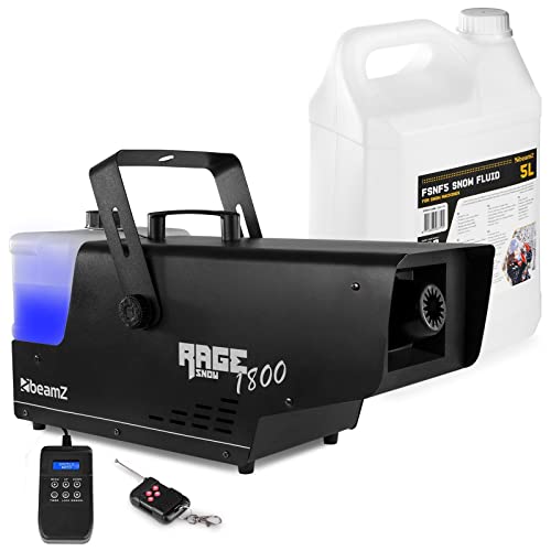 BeamZ RAGE1800SNOW Schneemaschine mit Flüssigkeit, 1800 W Schnee Maschine mit Fernbedienung, Snow Machine inkl. 5L Schneefluid, DMX, Timer, mini Schneekanone Garten, Party Gadget, Winter Simulation von Beamz