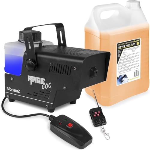 BeamZ RAGE600 mini Nebelmaschine mit Flüssigkeit inkl. 5 Liter Nebelfluid, 600 Watt, Fogger, Rauchmaschine, Fog Machine, Funkfernbedienung, 0,5 Liter Tank, Disco Partynebel für DJs und Partys von Beamz
