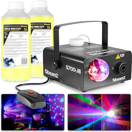 BeamZ S700JB Party Nebelmaschine mit Flüssigkeit, LED Discokugel 700 Watt Rauchmaschine, inkl. 2 Liter Nebelfluid, Kabelfernbedienung, Partynebel für DJs, Hauspartys, Hochzeiten, Veranstaltungen von Beamz