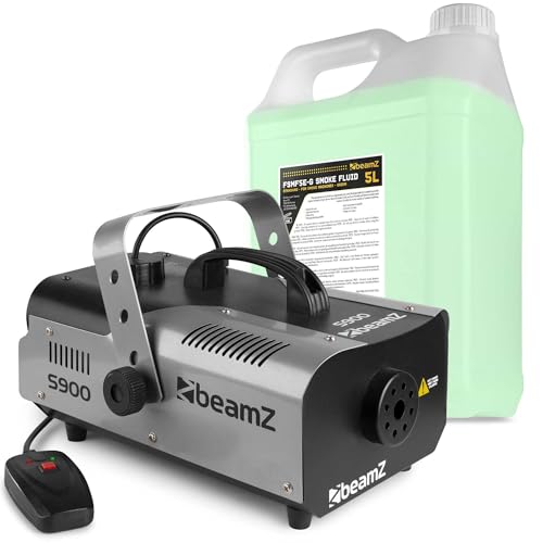 BeamZ S900 Nebelmaschine mit Flüssigkeit 900 Watt, inkl. 5 Liter Nebelfluid, Fog Machine, Kabelfernbedienung, 2,5 Liter Tank, Disco Partynebel für DJs, Hauspartys, Hochzeiten, Veranstaltungen von Beamz