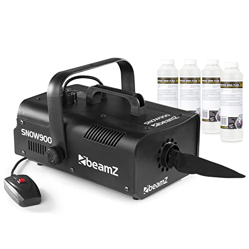 BeamZ SNOW900 Set Schneemaschine mit Flüssigkeit, 900 Watt Schnee Maschine mit Kabelfernbedienung, Snow Machine mit 1 Liter Konzentrat zum mischen, mini Schneekanone Garten, Winter Simulation von Beamz