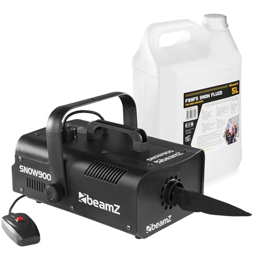 BeamZ SNOW900 Set Schneemaschine mit Flüssigkeit, 900 Watt Schnee Maschine mit Kabelfernbedienung, Snow Machine mit 5 Liter Schneefluid, mini Schneekanone Garten, Party Gadget, Winter Simulation von Beamz