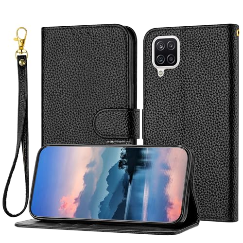 Bear Village Hülle für Samsung Galaxy A12 / M12 Hülle, PU Leder Klappbar Hülle mit Kartenfach und Magnetverschluss, Stoßfeste Standfunktion Hülle für Galaxy A12 / M12, Schwarz von Bear Village