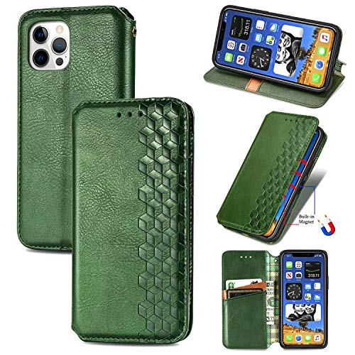 Bear Village Hülle für iPhone 12 / iPhone 12 Pro, PU Leder Flip Handyhülle für iPhone 12 / iPhone 12 Pro, Brieftasche Schutzhülle mit Standfunktion und Kartenfächer, Grün von Bear Village