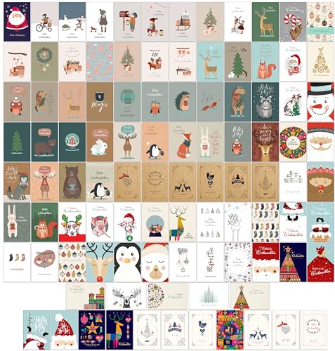 Bear and Bee 100 Weihnachtspostkarten, 100 verschiedene Motive - Weihnachtspostkarte Weihnachtskarten Postkarten (Blanko Rückseite) von Bear and Bee