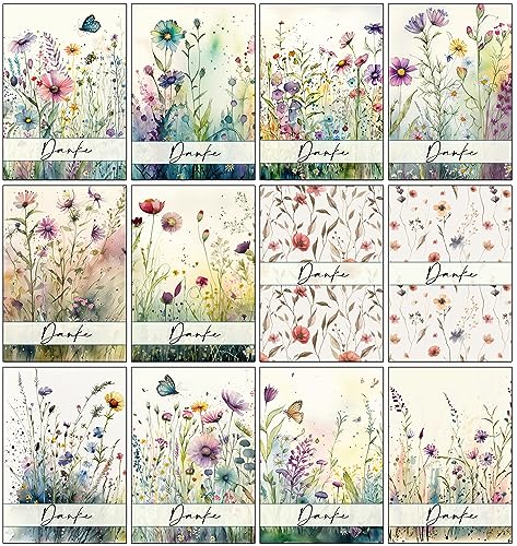 Bear and Bee 12, 24 oder 48 Dankeskarten mit leuchtenden Aquarell-Wildblumen auf der Vorderseite Multipack mit Umschlägen Voll recycelbar und umweltfreundlich (12 Karten mit Umschlägen) von Bear and Bee