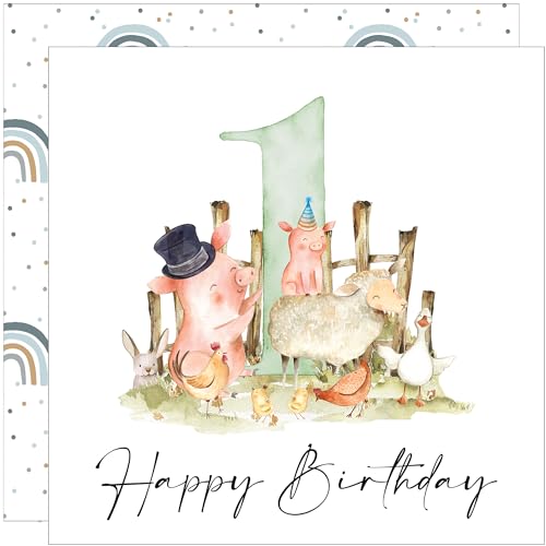 Geburtstagskarte zum 1. Geburtstag für Jungen oder Mädchen, Bauernhof, 1 Jahr alt, aus recyceltem Papier (Doppel-Set) von Bear and Bee