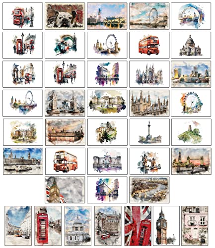 Postkarten mit 40 London in Aquarellfarben, 40 verschiedene London-inspirierte Designs, gedruckt auf heller, dicker Karte von Bear and Bee
