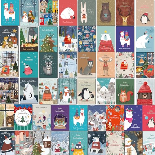 Weihnachtskarten Set - 50 verschiedene Weihnachtskarten mit hellen und lustigen Designs und kraftbraunen Umschlägen aus Recyclingpapier. Weihnachtskarte von Bear and Bee