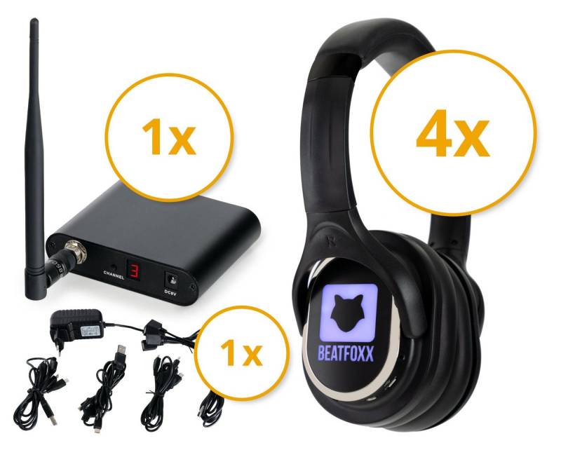 Beatfoxx SCBS-41 Silent Disco V2 Band Set mit 4 Kopfhörern und 1 Sender Funk-Kopfhörer (Wireless Stereo Kopfhörer für Silent Disco-Anwendungen, UHF-Technik, 3 empfangbare Kanäle) von Beatfoxx