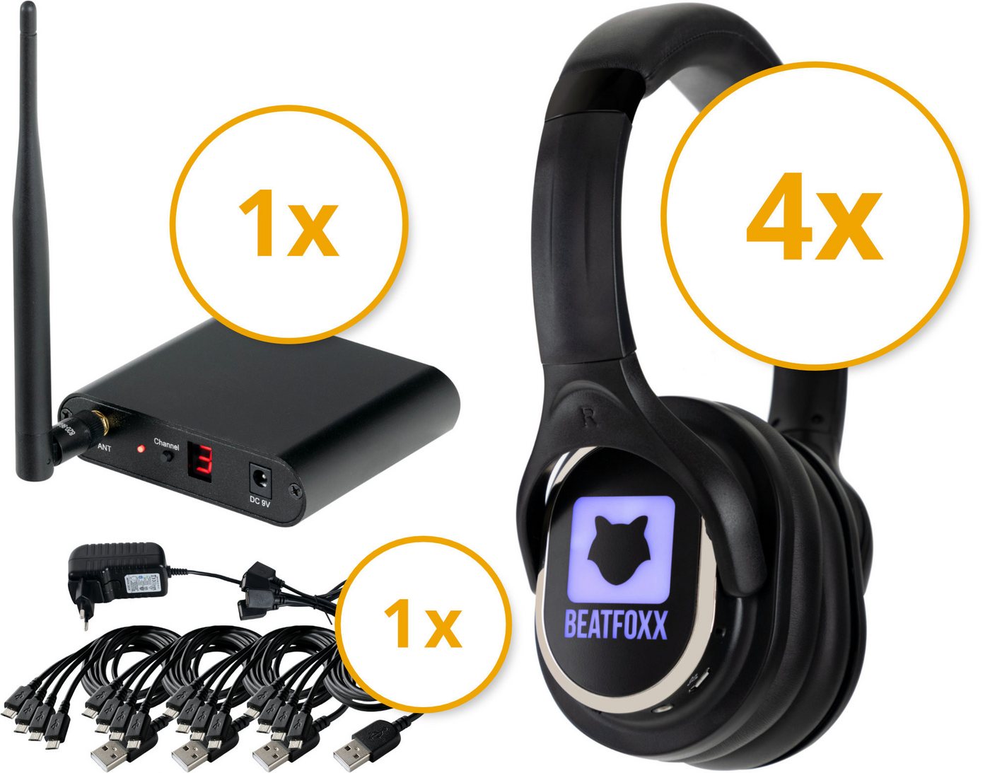 Beatfoxx SCBS-41 USB-C Silent Disco V2 Band Set mit 4 Kopfhörern und 1 Sender Funk-Kopfhörer (Wireless Stereo Kopfhörer für Silent Disco-Anwendungen, UHF-Technik, 3 empfangbare Kanäle) von Beatfoxx