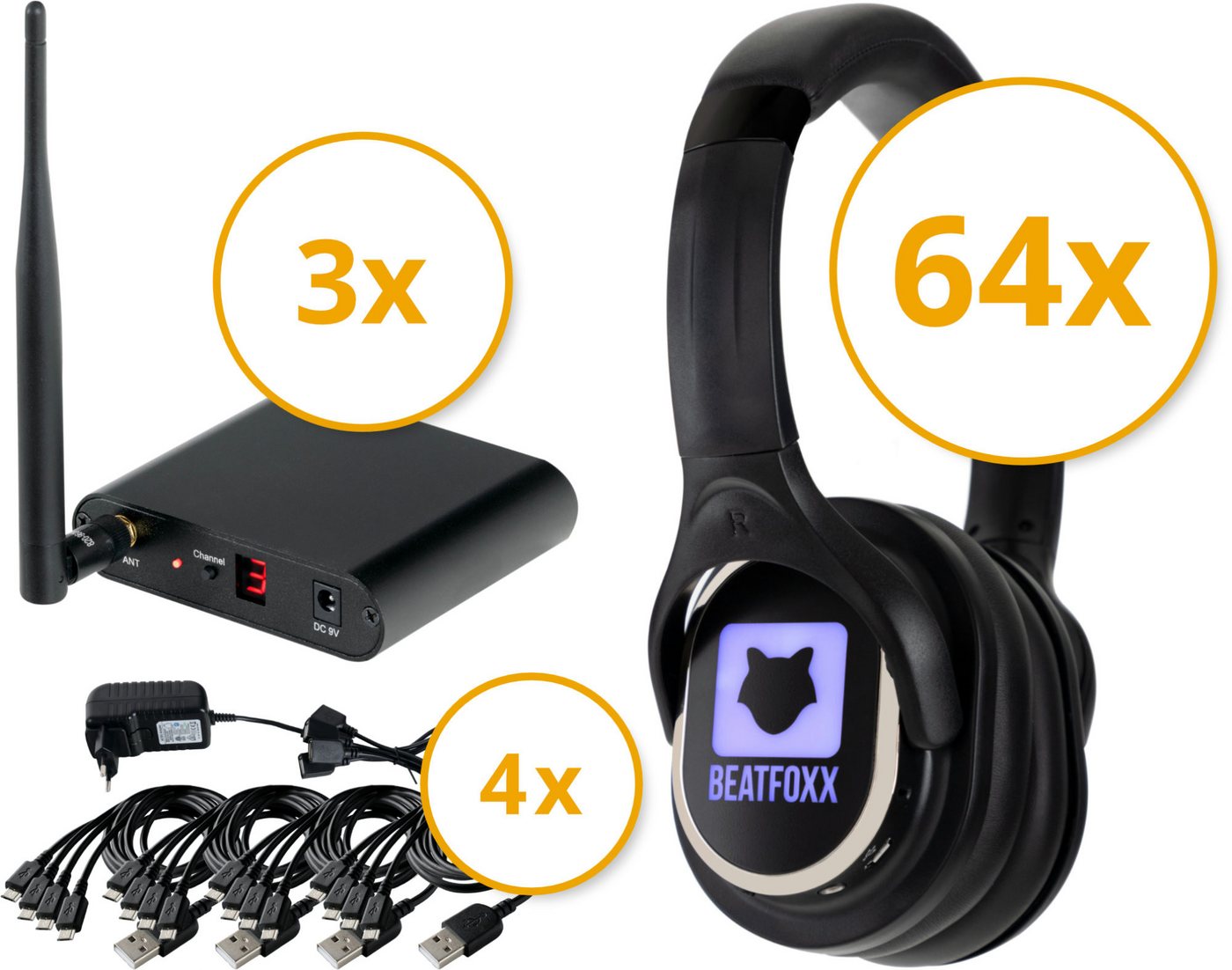 Beatfoxx SCPS-643 USB-C Silent Disco V2 Party Set mit 64 Kopfhörern & 3 Sendern Funk-Kopfhörer (Wireless Stereo Kopfhörer für Silent Disco-Anwendungen, UHF-Technik, 3 empfangbare Kanäle) von Beatfoxx