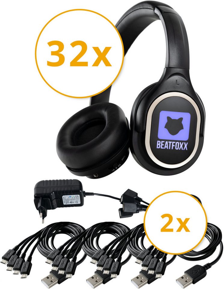 Beatfoxx SDH-340/32 USB-C Silent Disco V2 Kopfhörer Set + 2 Ladegeräte Funk-Kopfhörer (Wireless Stereo Kopfhörer für Silent Disco-Anwendungen, UHF-Technik, 3 empfangbare Kanäle) von Beatfoxx