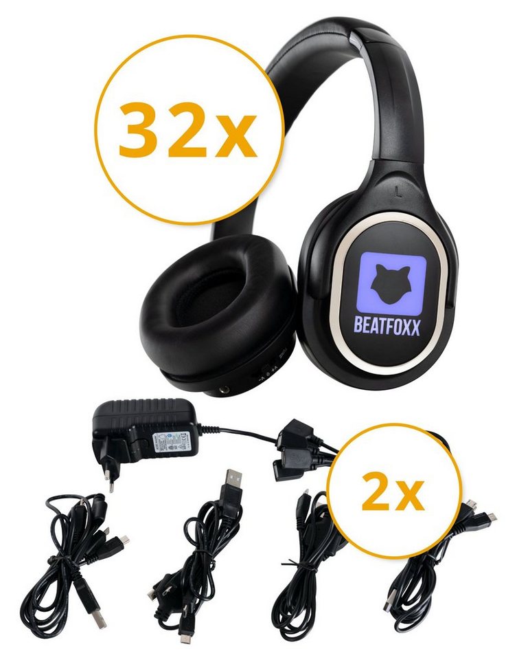 Beatfoxx SDH-340 Silent Disco V2 Set mit 32 Kopfhörern & 2 Ladegeräte Funk-Kopfhörer (Wireless Stereo Kopfhörer für Silent Disco-Anwendungen, UHF-Technik, 3 empfangbare Kanäle) von Beatfoxx