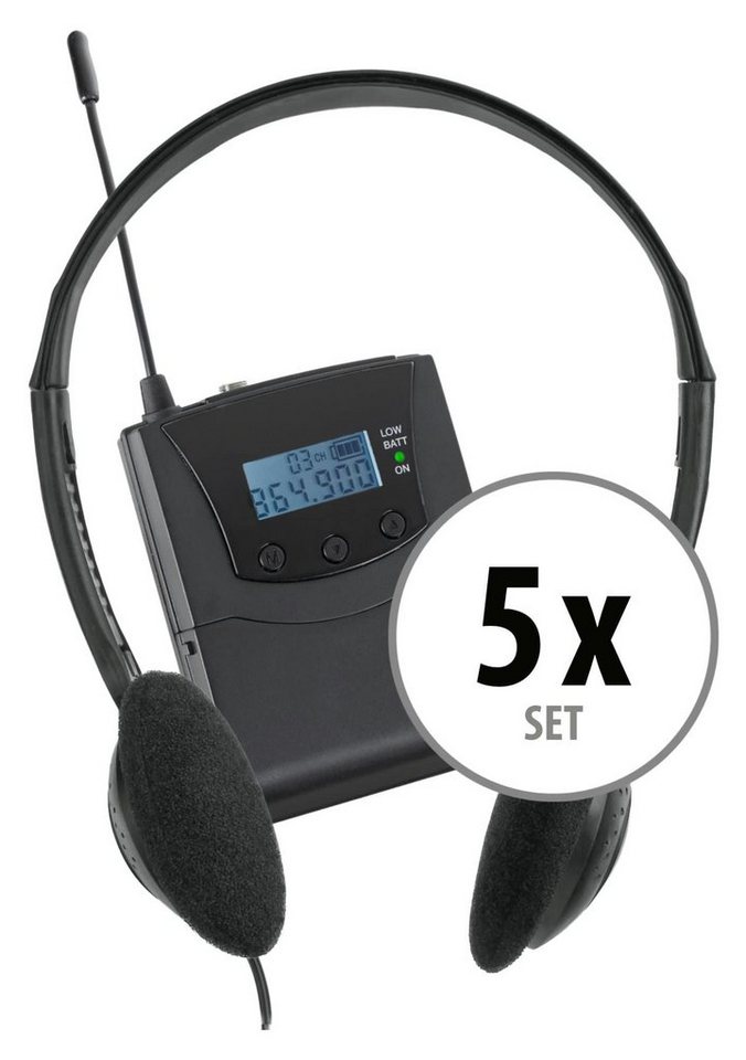 Beatfoxx Silent Guide V2 Bodypack-Receiver Economy Set Funk-Kopfhörer (Dezentes Tourguide-Set mit 5 Stereo Funk-Empfänger, UHF-Technik, 3 empfangbare Kanäle inkl. 5 Kopfhörer) von Beatfoxx