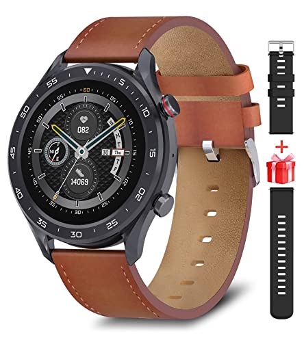 Bebinca Smartwatch Telefonieren mit Lautsprecher Herren Bluetooth Anrufe tätigen/empfangen Sprachausgabe Mikrofon1,4 Zoll Wasserdicht 128M Eingebauter MP3-Player Android iPhone (Leder) von Bebinca